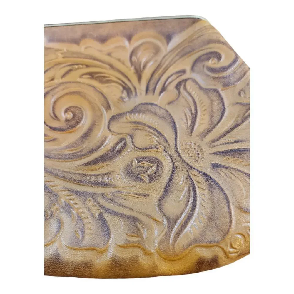 Patricia Nash Savena tooled brown leather clutch kisslock wallet missing strap